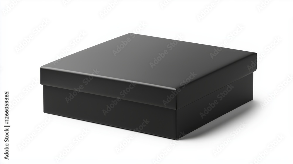 Square black box closed with lid casting a subtle shadow on a clean white background, ideal for showcasing premium product packaging or elegant gift presentation Square black box closed with lid casting a subtle shadow on a clean white background, ideal for showcasing premium product packaging or elegant gift presentation