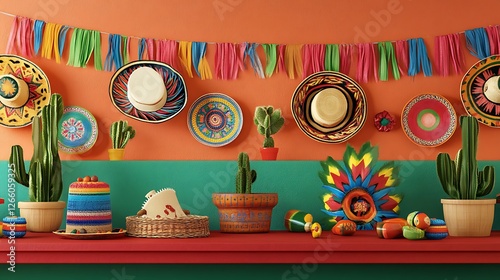Lively Mexican fiesta backdrop with intricate designs, bright hues, and cultural elements

 photo