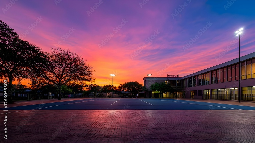 Obraz premium Vibrant Sunset Over City Plaza with Silhouetted Trees