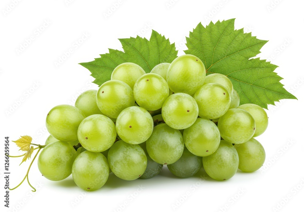 A bunch of fresh green grapes with attached leaves isolated on a white background A bunch of fresh green grapes with attached leaves isolated on a white background