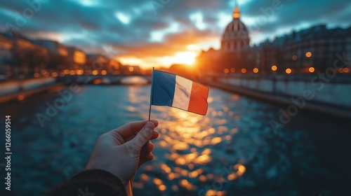 French Flag Held by Hand Over Parisian River at Sunset for National Celebrations, Travel Blogs, and Cultural Pride in Vibrant Warm and Cool Tones photo