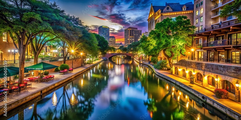 Obraz premium San Antonio River Walk Night Drone Photography - Illuminated River & Cityscape