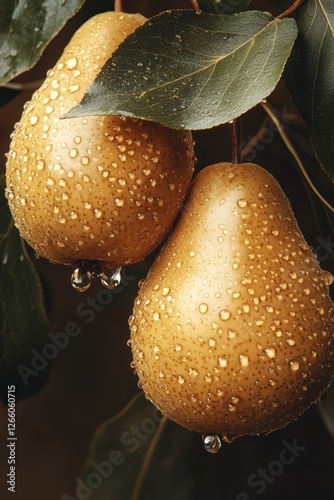 Golden pears laden with dew drops on a branch against a dark background photo