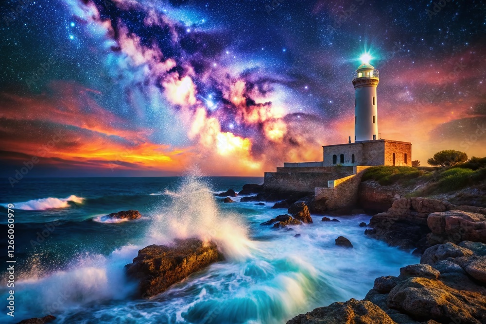 Obraz premium Santa Maria di Leuca Lighthouse Double Exposure: Dramatic Seascape & Celestial Lights