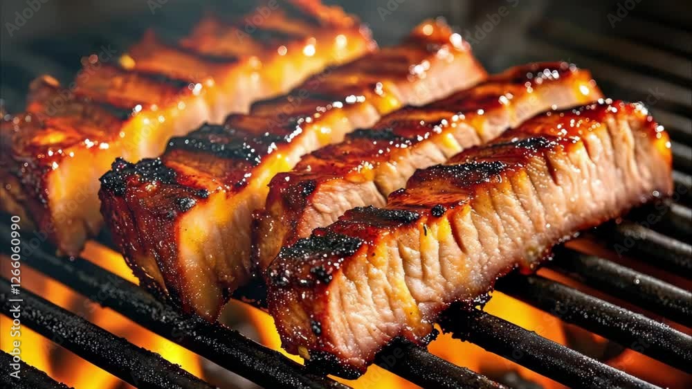 Grilled, caramelized meat slices with charred grill marks, sizzling over an open flame.