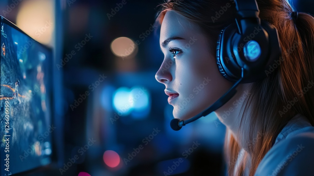 A side view of a dedicated female player wearing a headset while participating in a PVP arena A side view of a dedicated female player wearing a headset while participating in a PVP arena