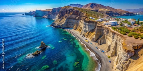 Santorini Vlichada Beach: Aerial View of Volcanic Pumice Rocks and Aegean Sea photo