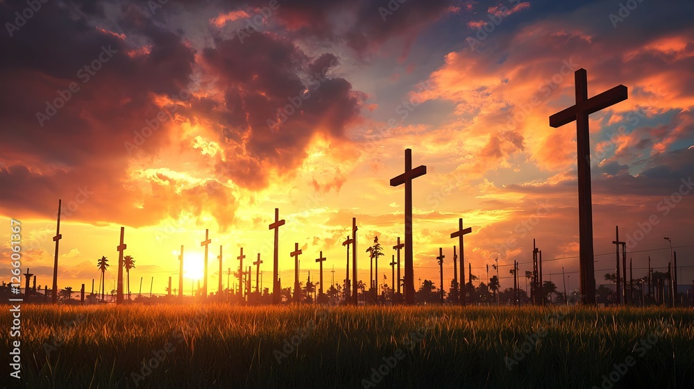 Obraz premium Wooden Crosses In Field At Sunset