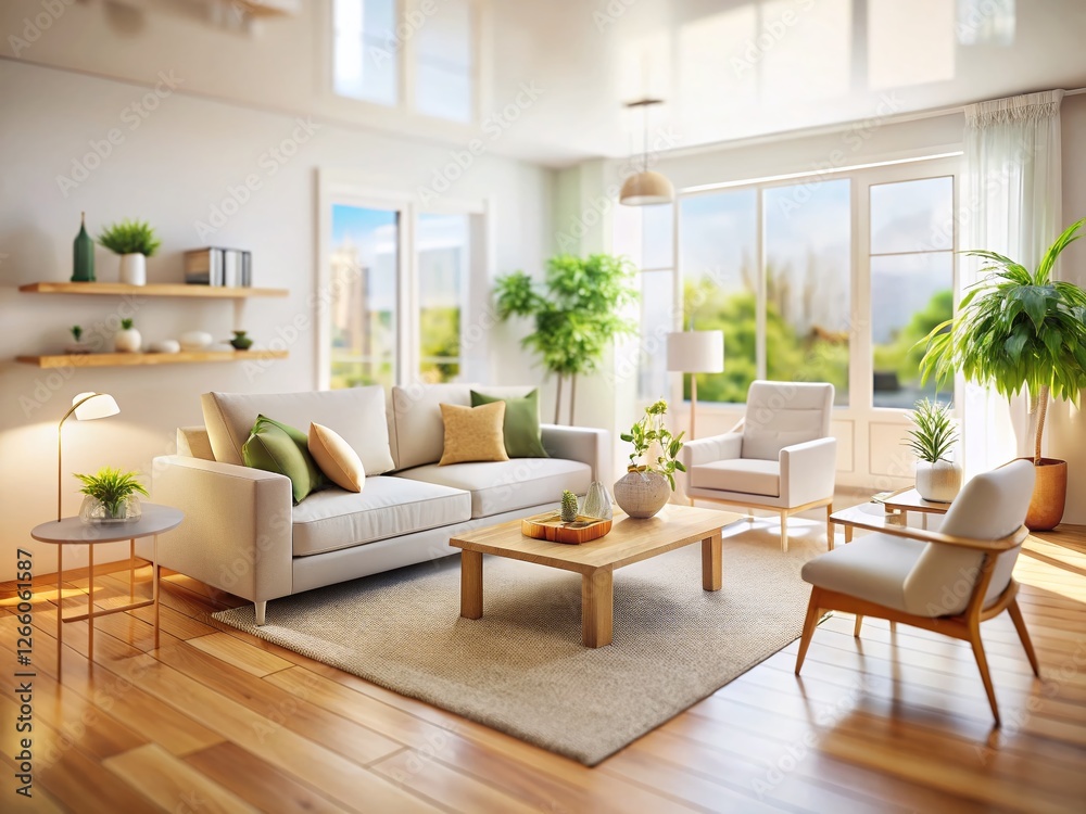 Fototapeta premium Scandinavian Living Room: White Sofa & Armchairs, Tilt-Shift Photography