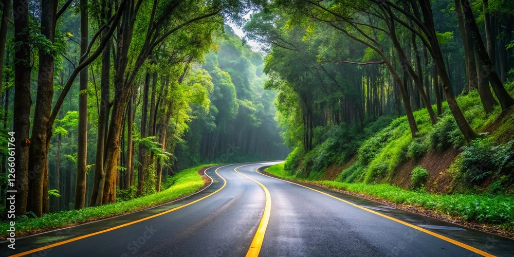 Fototapeta premium Scenic Asphalt Road Winding Through Lang Biang National Park, Vietnam - Yellow Lane Markers & Lush Trees