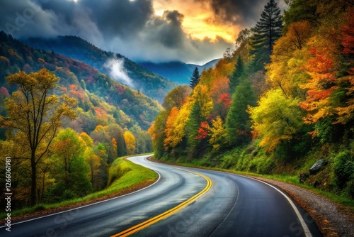 Scenic Two-Lane Road Winding Through Smoky Mountains, Tennessee