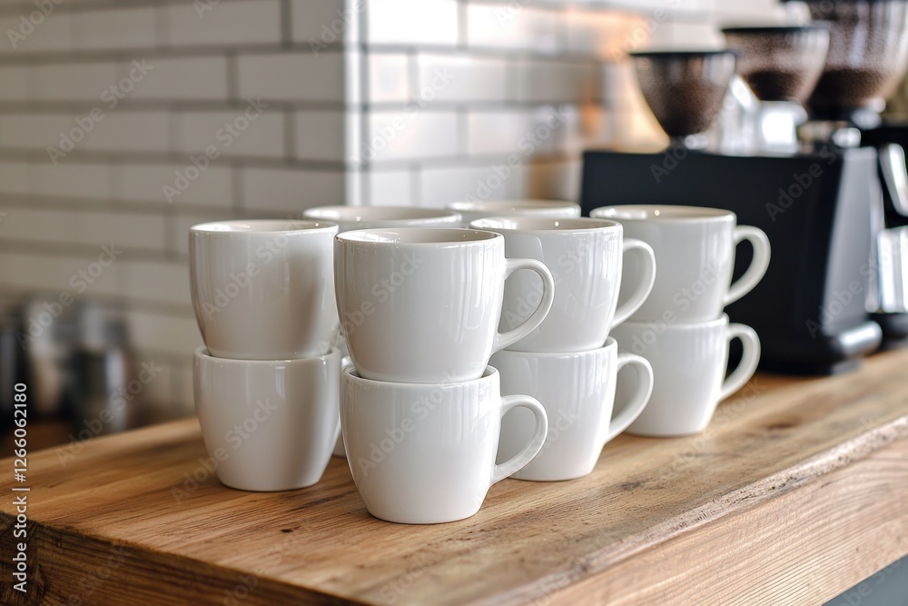 A set of neatly stacked white coffee cups on a wooden counter