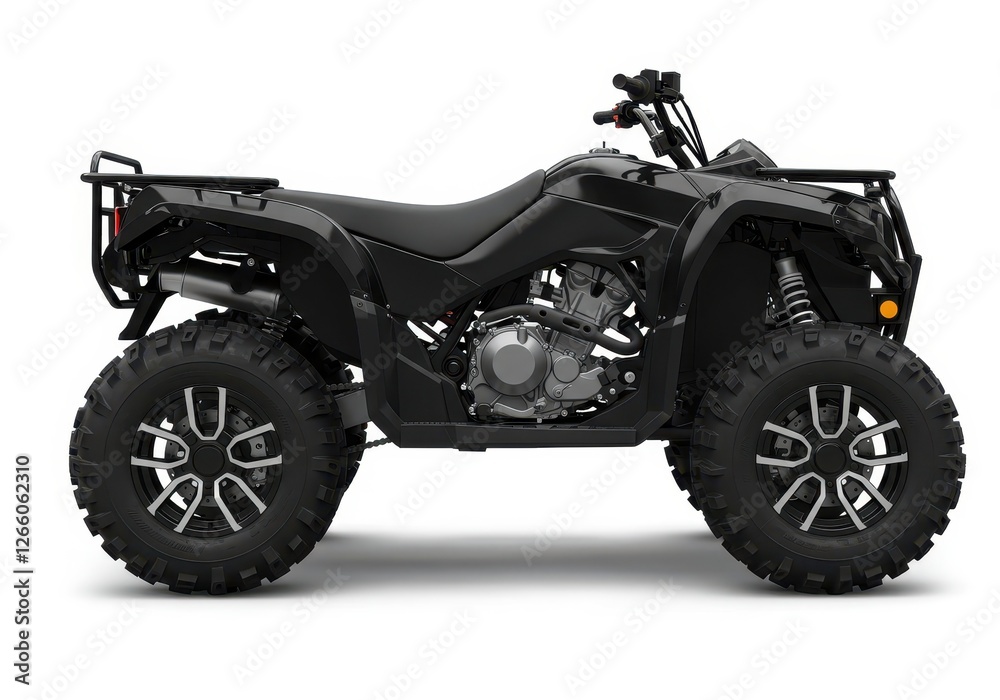 Black quad bike with large rugged tires and modern design isolated on white background Black quad bike with large rugged tires and modern design isolated on white background