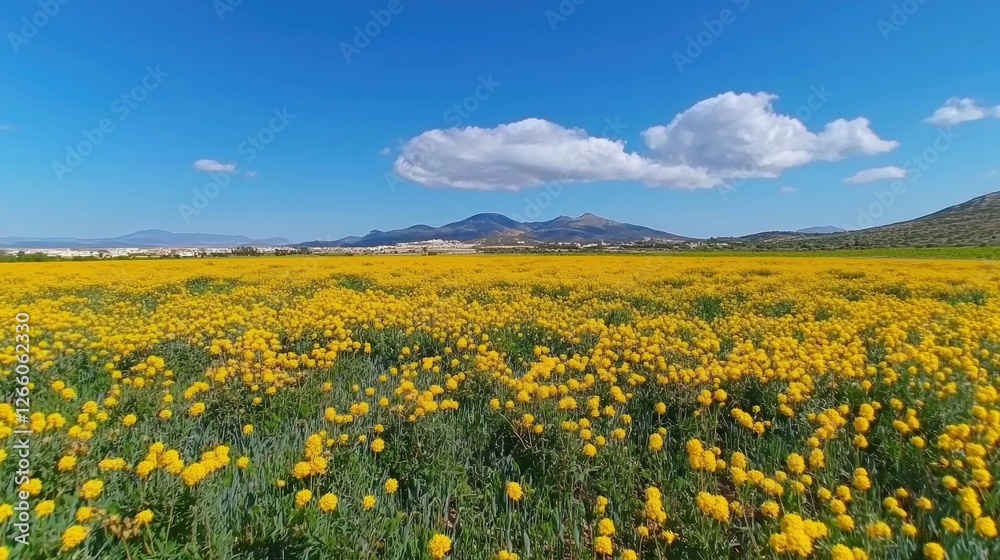 Vast Field of Yellow Flowers, Sunny Day, Mountain Background. Possible use Nature, Spring Vast Field of Yellow Flowers, Sunny Day, Mountain Background. Possible use Nature, Spring