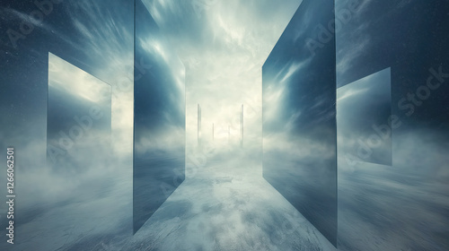 Surreal scene with vertical panels and ethereal mist, evokes mystery and tranquility