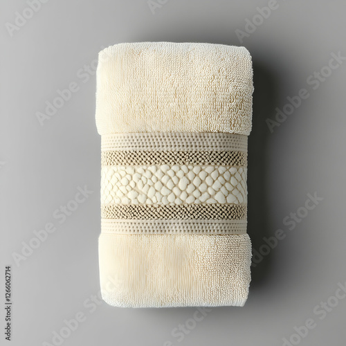 Cream bath towel, folded, textured band. Home decor