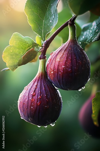Photorealistic fig fruit with fresh green foliage and water droplets detail