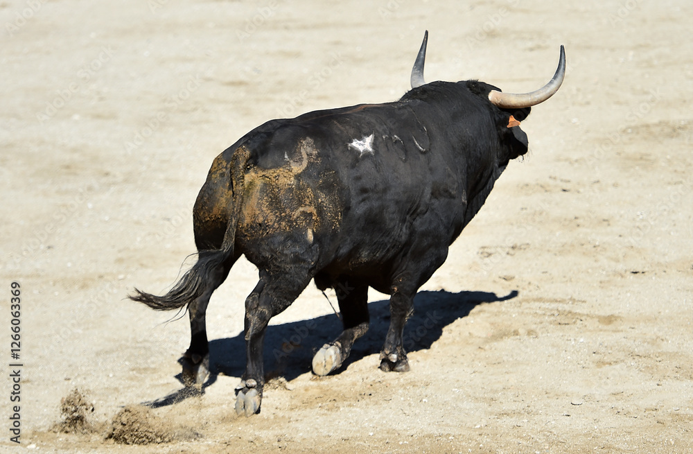 un toro negro con grandes cuernos en un espectaculo taurino en españa un toro negro con grandes cuernos en un espectaculo taurino en españa