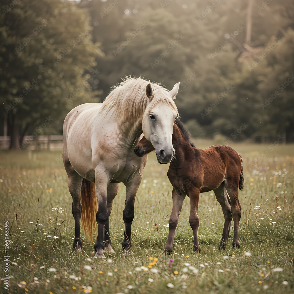 Adorable Baby Horse with Mother in Pasture – Heartwarming Bond Between Mare and Foal in Natural Setting Adorable Baby Horse with Mother in Pasture – Heartwarming Bond Between Mare and Foal in Natural Setting