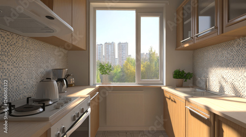 Cozy Functionality: Small Kitchen with Wooden Cabinets & Modern Accents