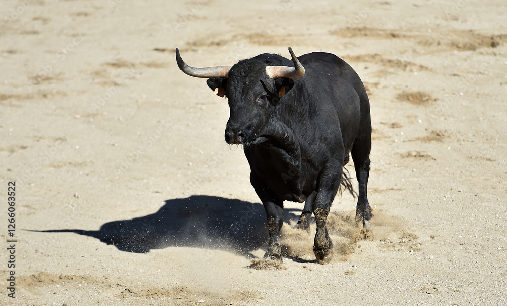 un toro negro con grandes cuernos en un espectaculo taurino en españa un toro negro con grandes cuernos en un espectaculo taurino en españa