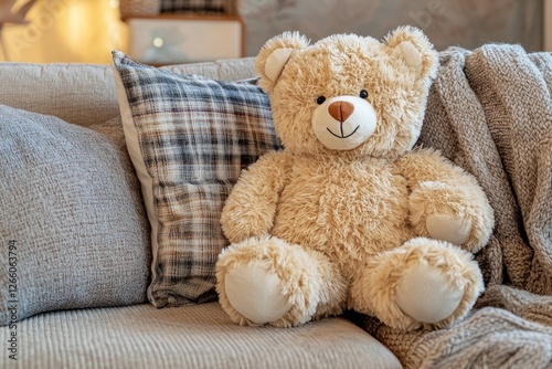 A soft and fluffy stuffed bear sitting on a couch in a cozy living room