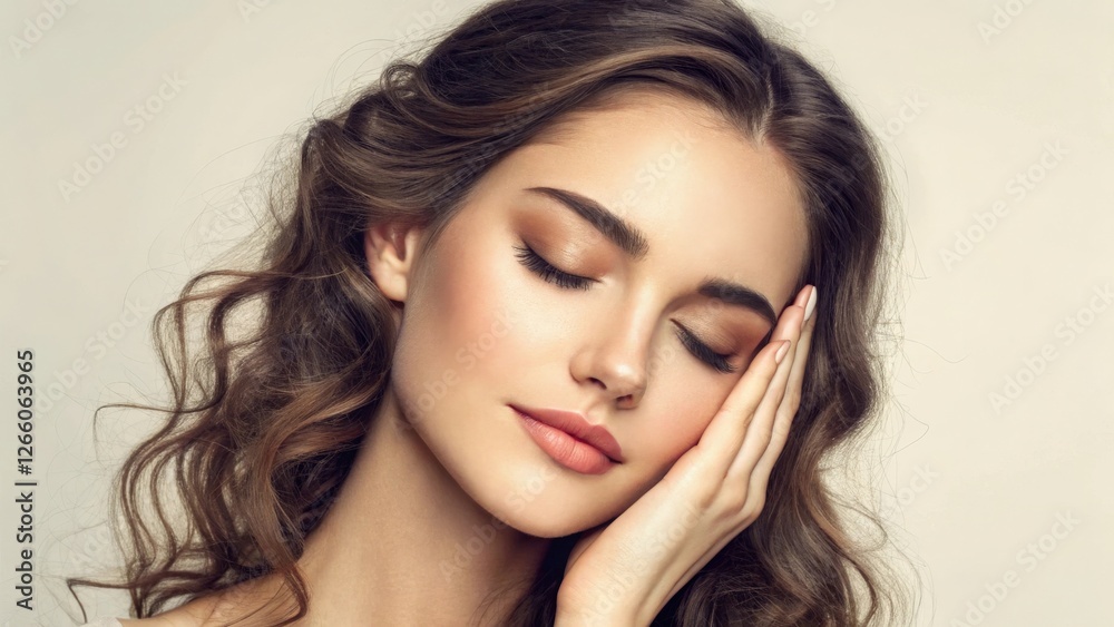 Fototapeta premium a young woman with long, wavy brown hair is gently resting her hand on her cheek. Her eyes are closed in peaceful contemplation. She appears relaxed and serene.