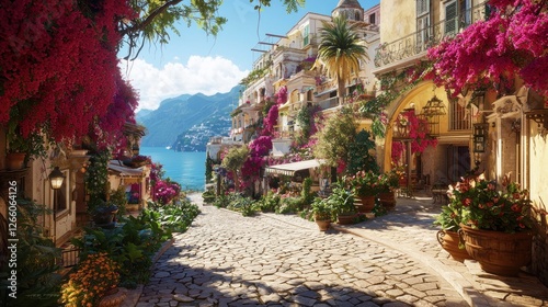 Italian Coastal Town Street, Sunny Day, Flowers, Sea Views