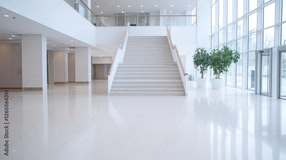 Obraz premium Modern building lobby stairs, bright interior, plants, glass wall