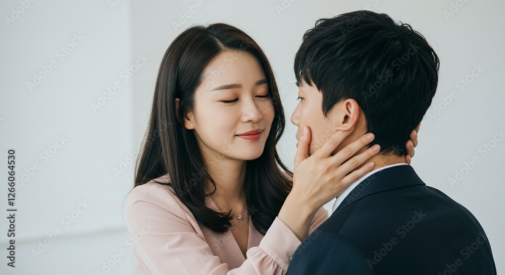 Loving Asian Woman Gently Touching Man's Face with Affectionate Look Loving Asian Woman Gently Touching Man's Face with Affectionate Look