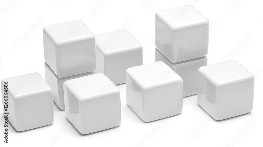 White cubes arranged in stacks, graphic design element, presentation, on white background White cubes arranged in stacks, graphic design element, presentation, on white background