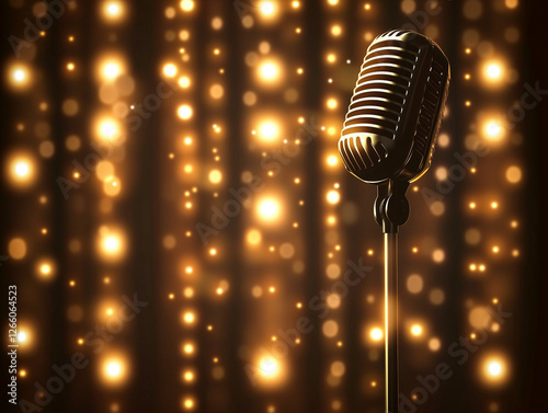Vintage microphone shines in a vibrant atmosphere with golden lights twinkling in the background during a lively event