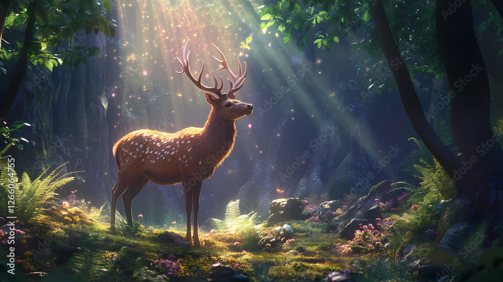 Majestic deer stands in a vibrant forest, surrounded by glowing ferns and ethereal light, showcasing nature's beauty and wonder. Aether-Filled Caverns. Illustration