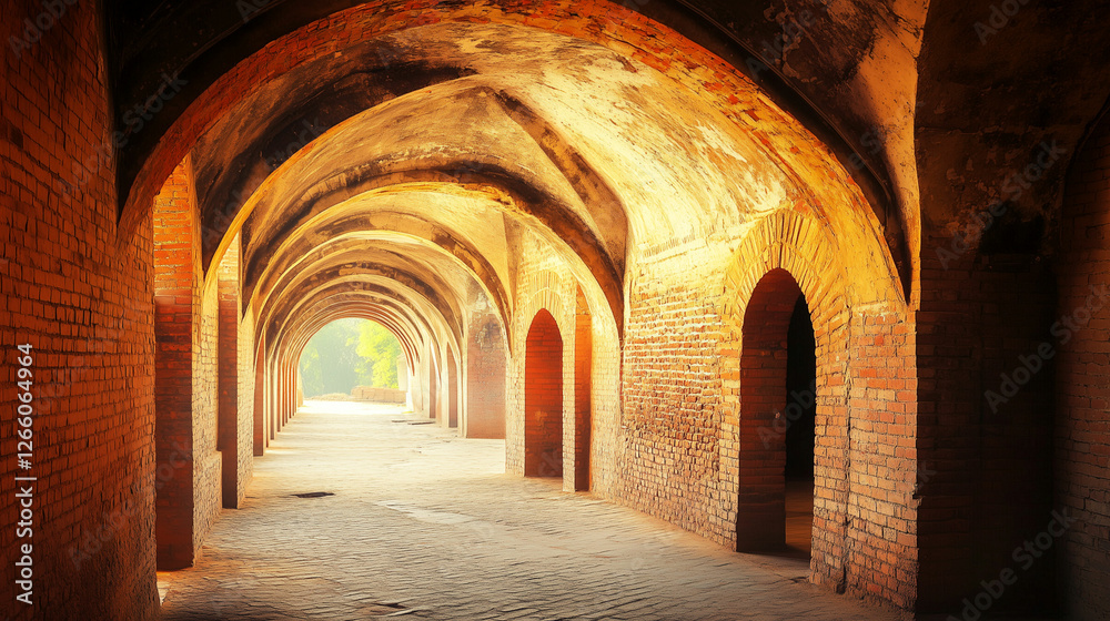 Obraz premium Ancient brick arches create a serene walkway in a historic location during daylight. Generative AI
