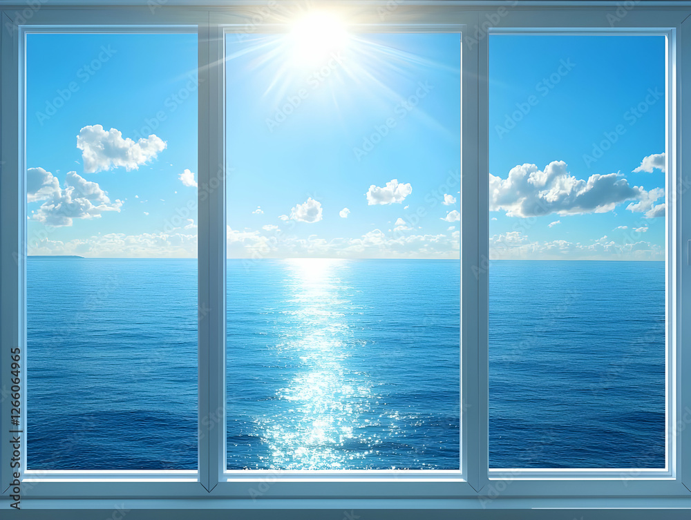 Fototapeta premium Ocean view from window, bright sunny day, relaxing scene, interior design, possible use as wallpaper