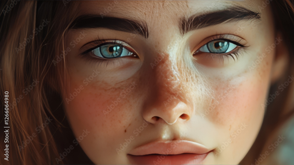 Fototapeta premium Radiant Beauty: Close-Up of a Positive Young Woman with Flawless Natural Makeup