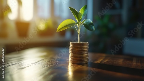 A green plant growing from stacked coins symbolizing financial growth and sustainability.