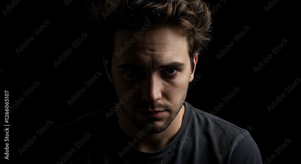 Intense Portrait of Young Man with Serious Expression in Dark Setting Intense Portrait of Young Man with Serious Expression in Dark Setting