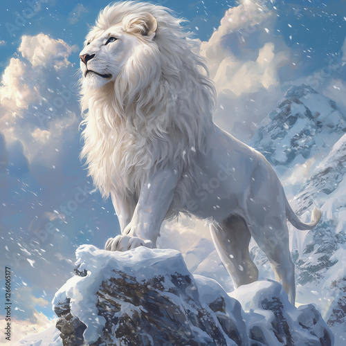 Majestic white lion standing in a snowy forest, gazing into the distance
