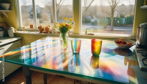 Colorful rainbow table with flowers and colorful glasses against big window