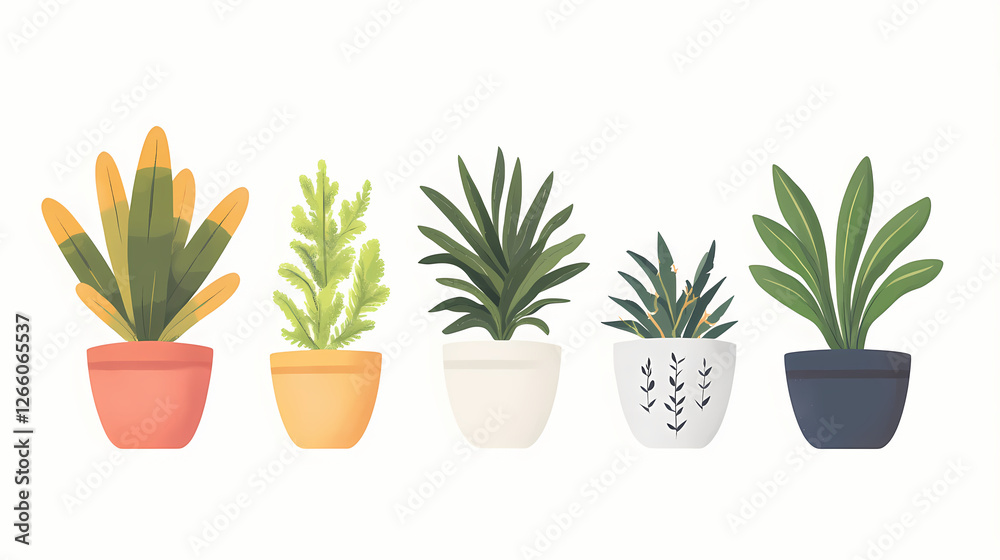 Obraz premium Six potted plants collection featuring a palm cactus fern succulents. Aether-Filled Caverns. Illustration