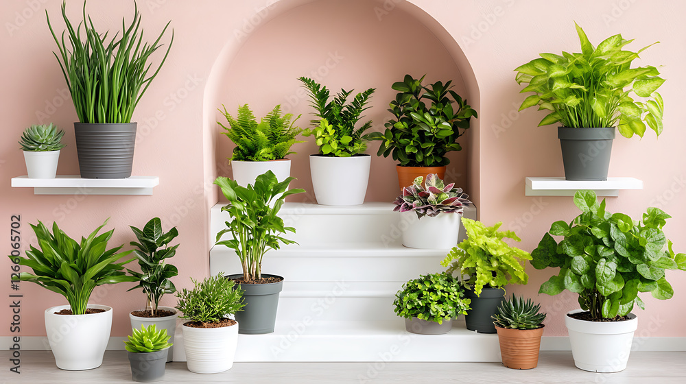 Fototapeta premium An arrangement of potted houseplants displayed on white shelves and steps against a pastel pink wall.