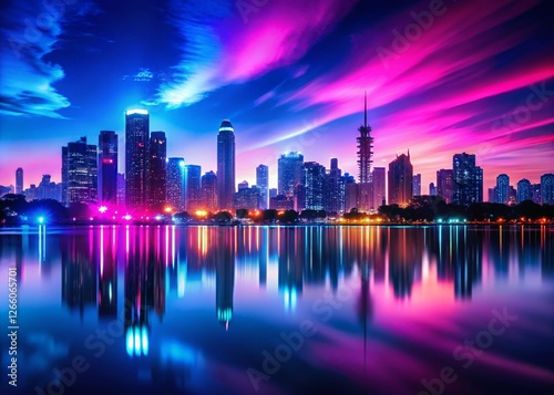 Serene City Nightscape: Pink & Blue City Lights Reflection on Calm Water