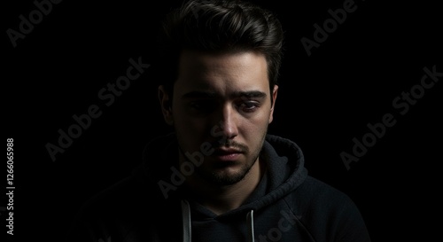 Man in Hooded Sweatshirt Expressing Sadness in Low Key Lighting