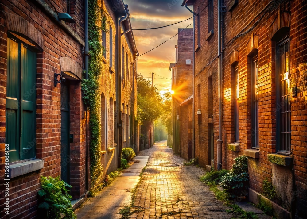 Fototapeta premium Serene Dawn Alleyway: Long Exposure Photography of Peaceful Urban Scene