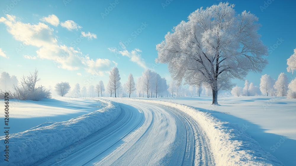 Obraz premium A winding snowy road surrounded by frost-covered trees and sky