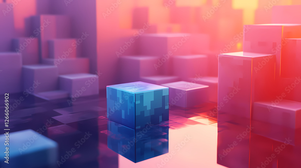 Dreamy Blue Block in 3D Pink-Purple Space