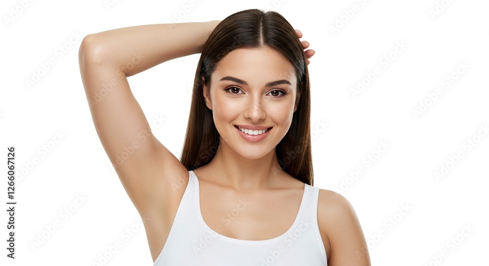 Smiling Woman in White Top Posing with Arm Up on White Background Smiling Woman in White Top Posing with Arm Up on White Background