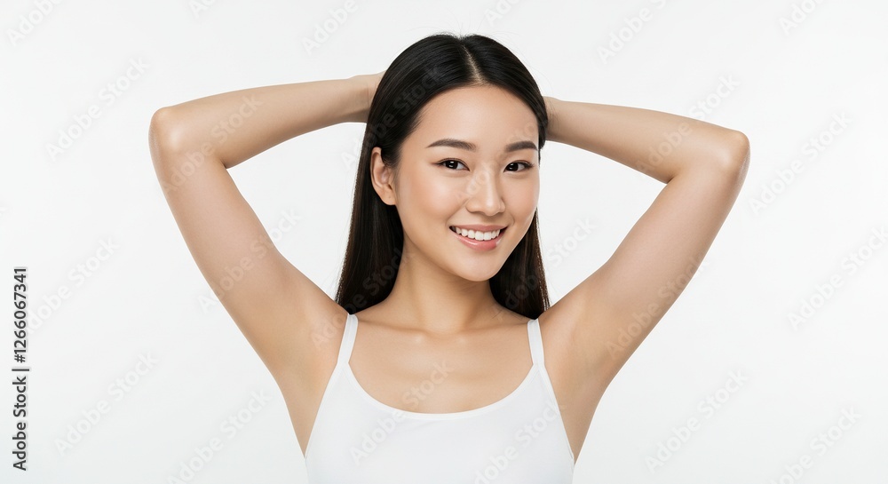Smiling Asian Woman with Hands Behind Head on White Background Smiling Asian Woman with Hands Behind Head on White Background