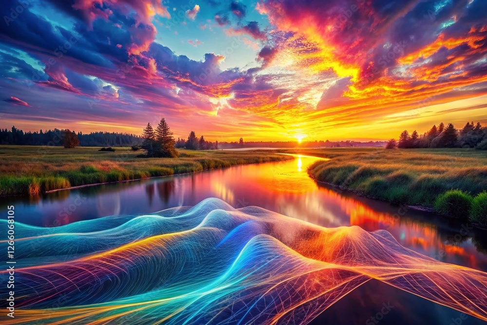 Obraz premium Serene Landscape Reflecting Digital Data Streams: Abstract Database Concept